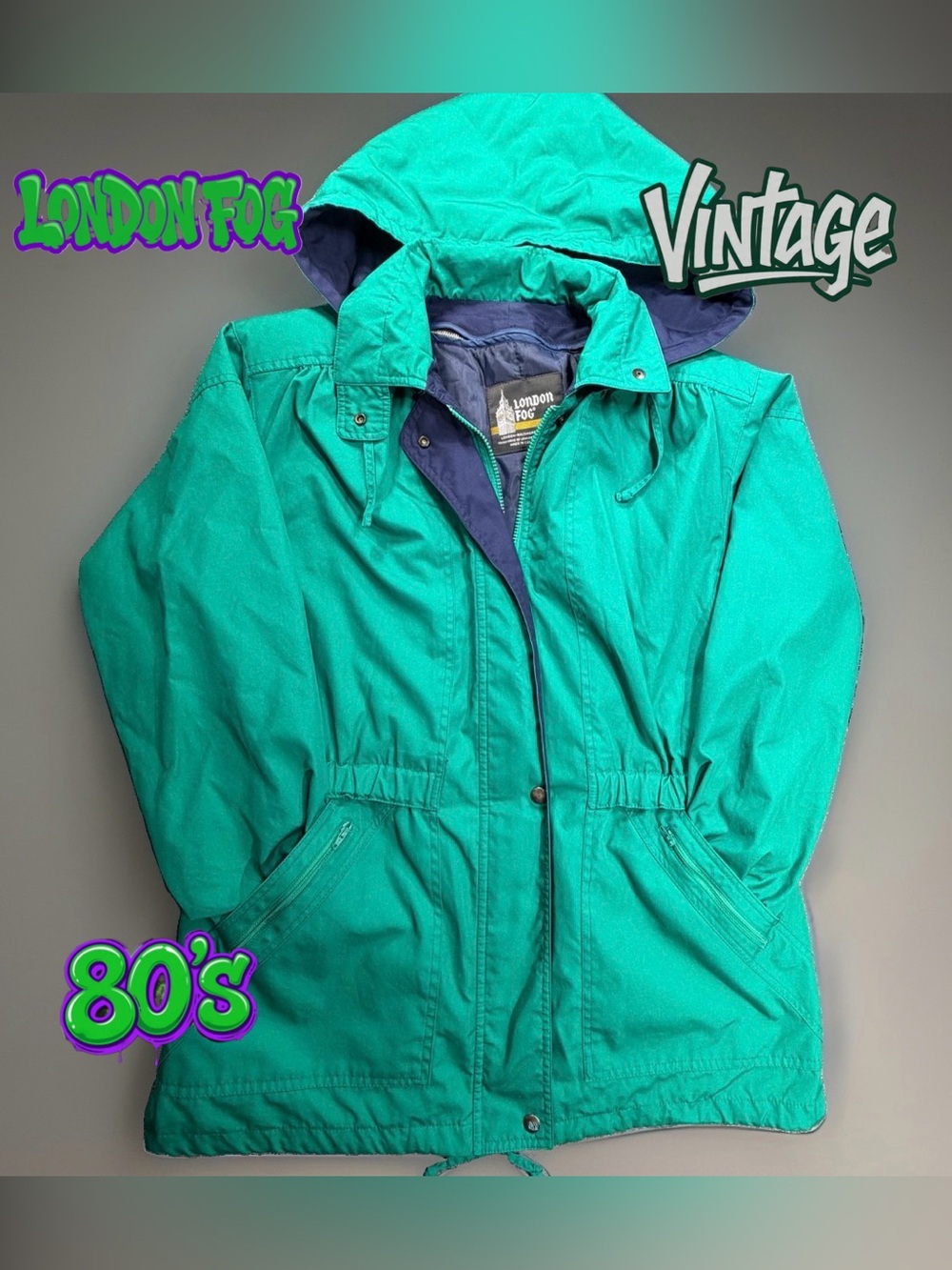 London Fog Jacket Womens 1X 21.5x29.5 Green 80s 90s Vintage Hooded Anorak Parka